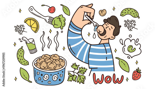 Food illustration of a man eating with various ingredients around him