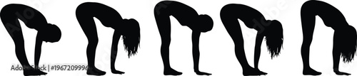 yoga forward bend silhouettes, stretching exercise poses, fitness routine, female figure, isolated black illustration, flexibility training