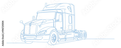A vector continuous line drawing of a modern semi-truck, freight transportation vehicle.