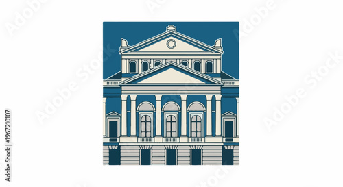 Ornate classical building facade with pillars, arches, and a triangular pediment