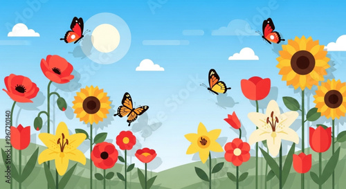 Vibrant butterflies fluttering among colorful sunflowers and poppies in a lush green meadow under a bright blue sky with fluffy clouds