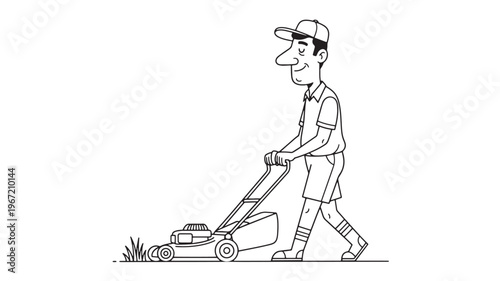 Man wearing a cap and shorts pushes a lawn mower, cutting grass on a bright sunny day, black and white line art illustration.