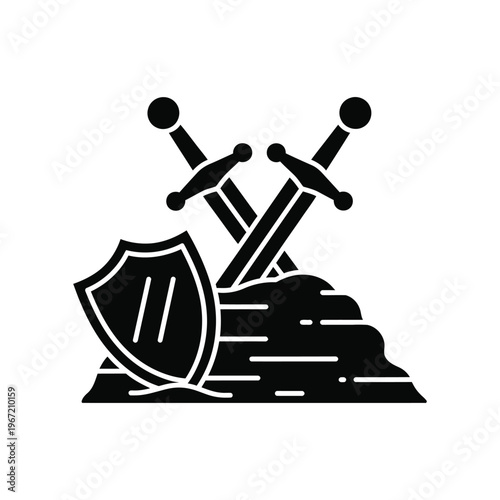 Minimalist black silhouette icon of crossed medieval swords and a shield placed on a burial mound, representing a fallen warrior's memorial on a battlefield.