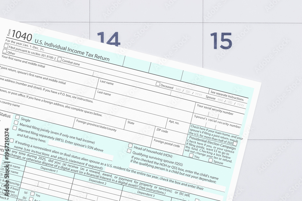 Fototapeta premium Tax form 1040 with calendar deadline concept
