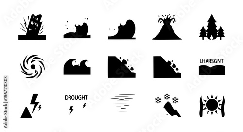 Flat natural disaster icon set with earthquake tsunami hurricane wildfire flood and storm warning vector illustration