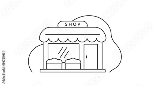 Shop building icon with awning, window and door, representing retail and commerce in a simple line art style.