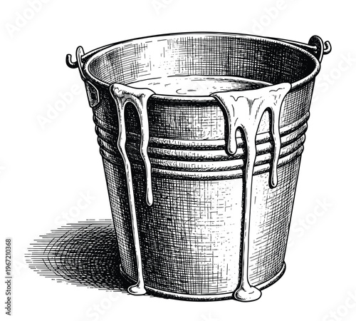 Metal bucket with liquid paint hand drawn sketch style isolated vector illustration.