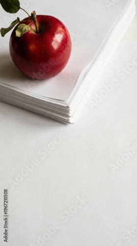 Fresh Red Apple Resting on Stack of Blank White Paper in Minimalist Arrangement