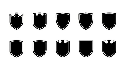 Shield icons, black and white shield symbols, protection emblems, security logos