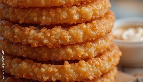 Stack of Golden Crispy Cheese Snacks with a Side of Dipping Sauce on Wooden Serving Board
