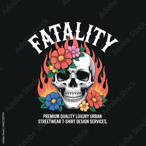 Fatality skull illustration with colorful flowers and burning flames for dark urban streetwear apparel design