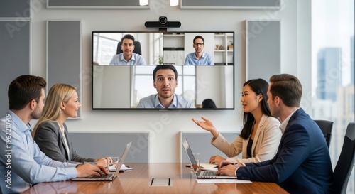 Business team conducting a hybrid meeting with remote participants on a large video wall.