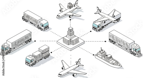 Isometric Global Logistics Network Illustration with Supply Chain Distribution Hub, Cargo Trucks, Airplanes, and Shipping Vessel