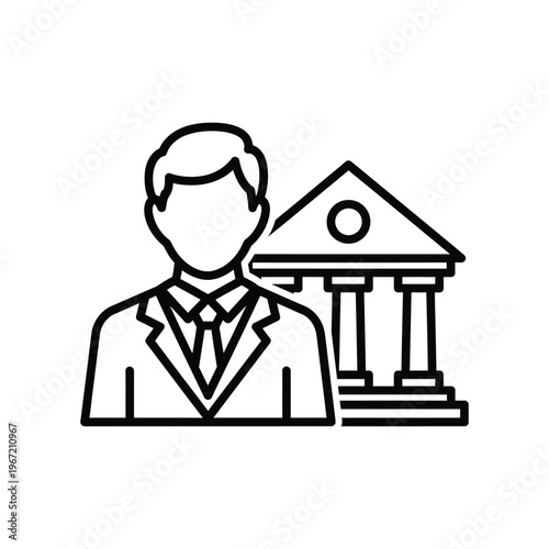 Professional businessman or banker standing in front of a classic bank building with columns, minimalist line icon representing financial services, legal authority, and institutional trust.