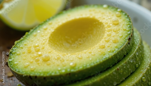 Closeup of Freshly Sliced Avocado with Water Drops on Green Surface in Natural Setting