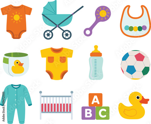 Baby essentials vector set with toys and clothing, newborn items collection, cute nursery illustration