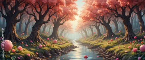 Enchanting Forest Scene with Pink Flowers and Stream Bathed in Soft Light During Sunrise