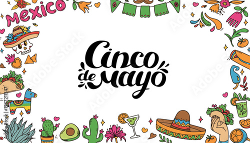 Cinco de Mayo celebration with colorful Mexican icons and food