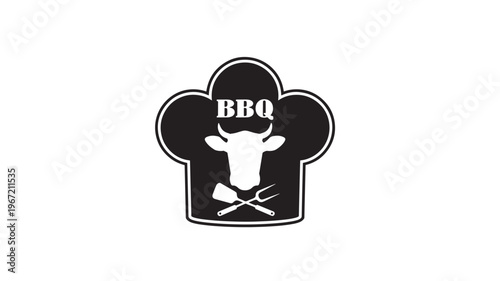 Chef hat logo featuring a cow silhouette and crossed barbecue utensils with the letters BBQ above the cow's head.
