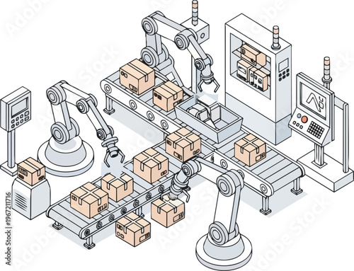 Automated Industrial Factory with Robotic Arms and Conveyor Belts: Isometric Line Art Illustration of Smart Warehouse Logistics and Manufacturing Process