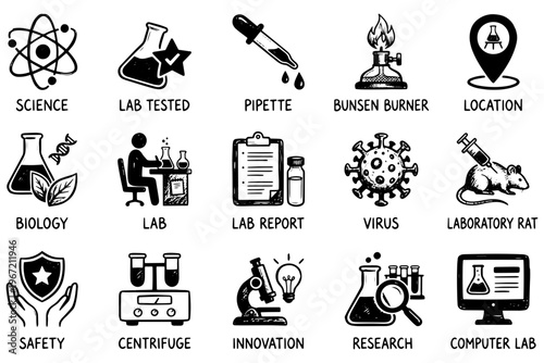 A set of science icons on transparent background, including lab equipment and research symbols
