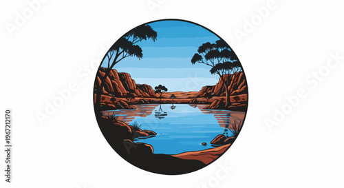 Pixelated desert oasis framed in a circle with rocky canyons and trees