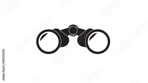 Binoculars graphic icon with bold black outlines and clean white background, representing observation and exploration.