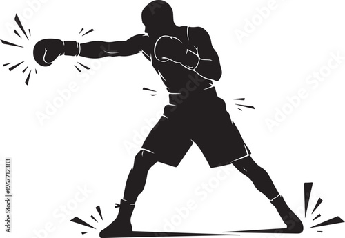 Black silhouette boxer throwing punch boxing white background