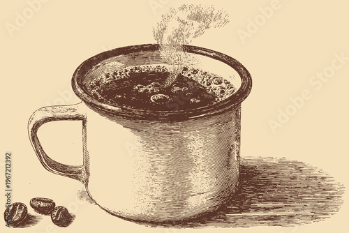 Vector illustration of a vintage enamel camping mug. This vector illustration can be used in any size you like for advertising, logos, and other work.	
