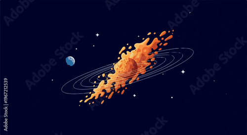 Pixelated illustration of a ringed planet with a gaseous tail in deep space