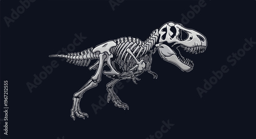 Pixelated illustration of a Tyrannosaurus Rex skeleton on a dark background
