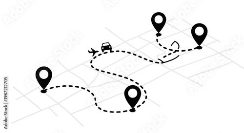 Isometric map with a dotted travel route, car icon, and location pins illustrating navigation and journey on a light background.