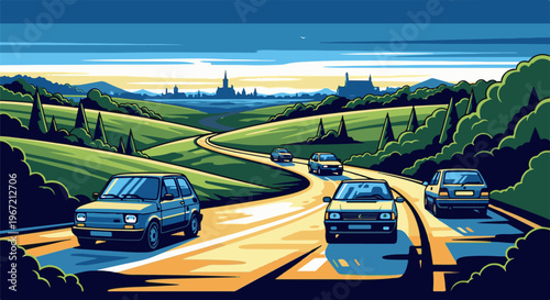 Pixelated cars drive on a winding road through rolling green hills at sunset