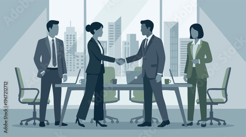 Business professionals shaking hands in a corporate office with city view