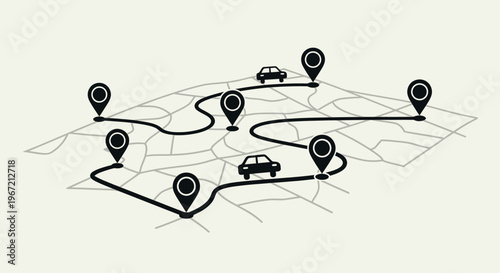 Isometric map with dotted travel routes, car icons, and location pins illustrating navigation and delivery on a light background.