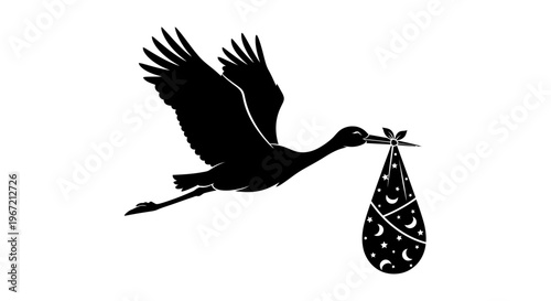 Flying stork delivering a baby in a bundle patterned with stars and crescent moons, black silhouette on an isolated white background.