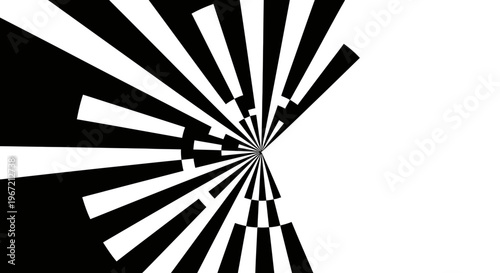 Dynamic rotating starburst pattern with alternating black and white rays, creating an optical illusion on an isolated white background.