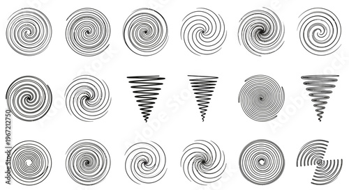 Set of abstract spiral and conical geometric line art shapes on an isolated white background.
