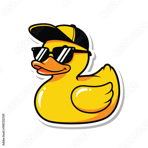 A cool rubber duck wearing sunglasses and a baseball cap. sticker