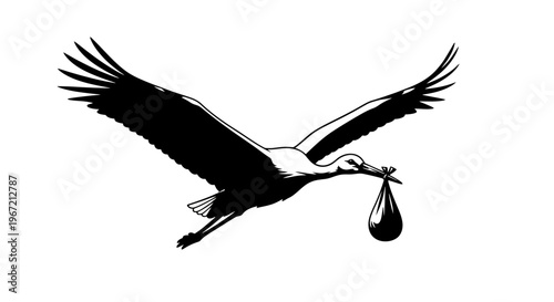 Flying stork delivering a baby in a bundle, black silhouette against an isolated white background.