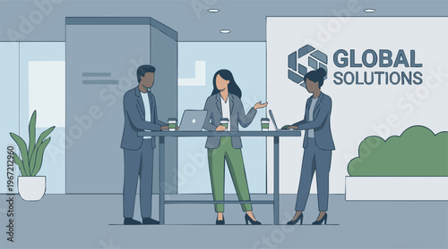 Diverse business team collaborating at standing desk in corporate office