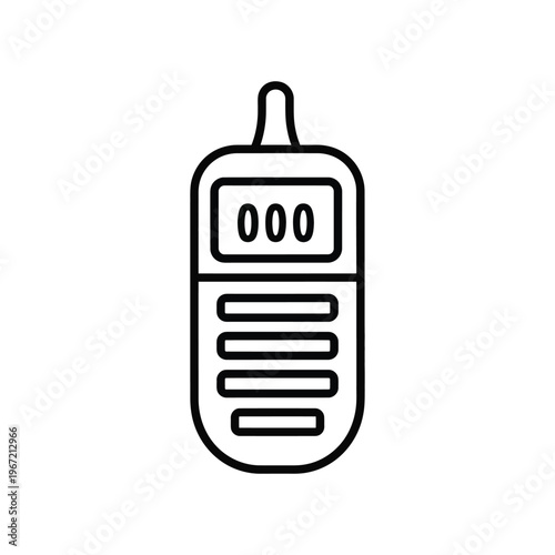 Minimalist black line icon of a portable walkie-talkie radio transceiver for wireless communication and security coordination on a white background