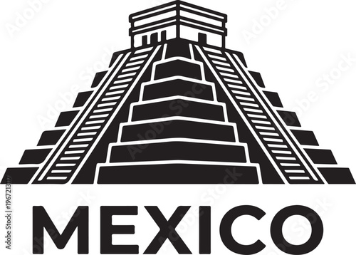 Black silhouette of Chichen Itza pyramid in Mexico, with the word Mexico below, simple design.