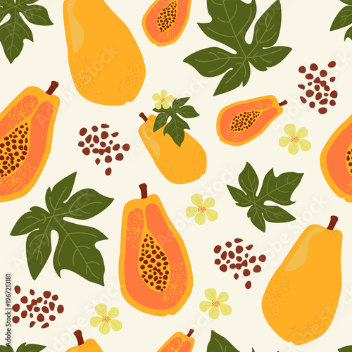 Seamless pattern with papaya, flowers, and leaves. Flat style vector illustration for fabric and wrapping paper.