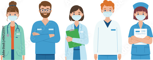 Medical team characters vector set with masks, healthcare workers illustration, hospital staff cartoon design