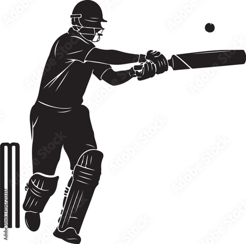 Black silhouette cricket player hitting ball with bat