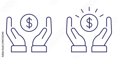 Vector icon illustration of a hand holding a money bag with a heart, symbolizing charitable giving, financial donation, and philanthropic support