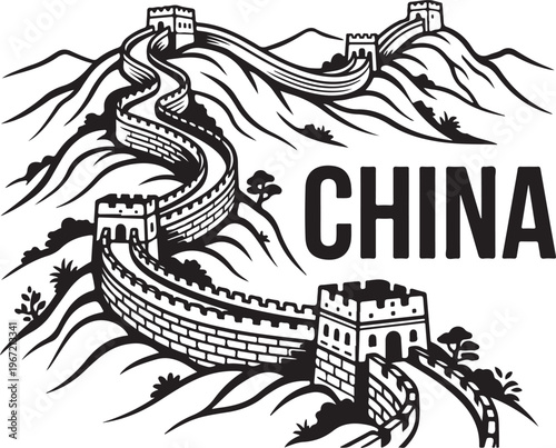 Iconic black and white vector illustration of the majestic Great Wall of China winding through mountains, symbolizing ancient history and impressive architecture.