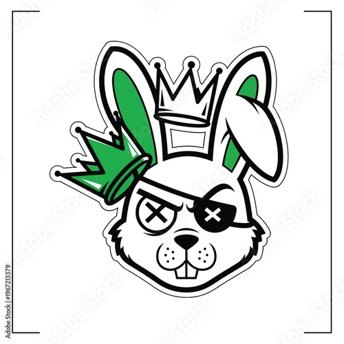 A fierce cartoon bunny king with an eye patch and crowns. sticker