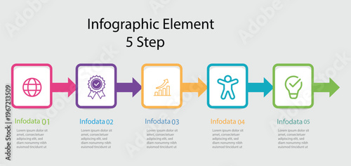 Business infographic thin line process with square template design with icons and 5 options or steps.  Five colorful graphic elements. Infographic design layout.